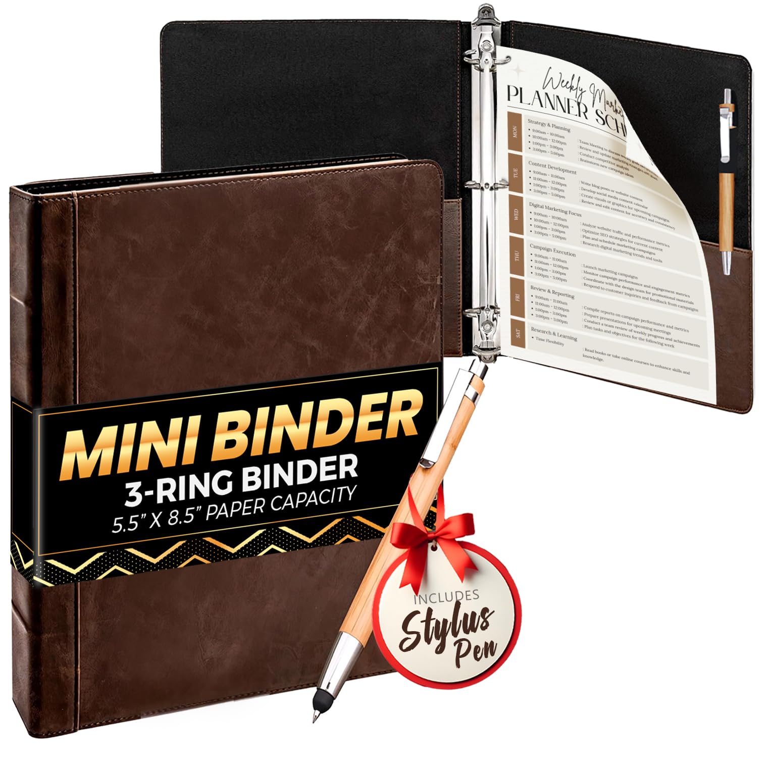 Capote Vintage Mini Professional 3 Ring Binder Organizer, 1-inch Round Rings, 5.5" x 8.5" Sheet Size, 2 Inner Pockets, Appearance of Antique Brown Leather, Pen Included