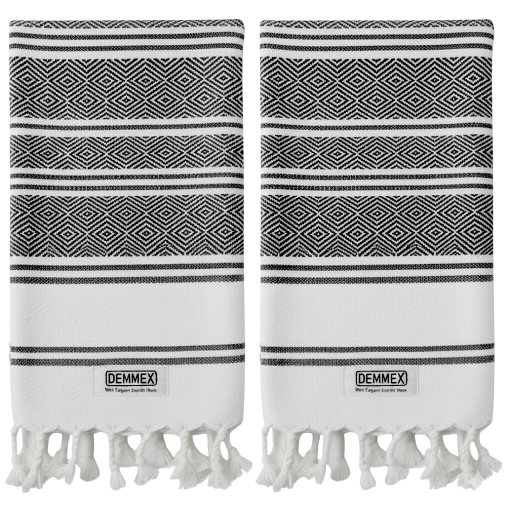 DEMMEX Organic Turkish Cotton Hand Towels Set of 2, Quick Dry Soft Diamond Weave, Absorbent Prewashed OEKO-TEX Bathroom Kitchen Towels 45x90cm (Black)