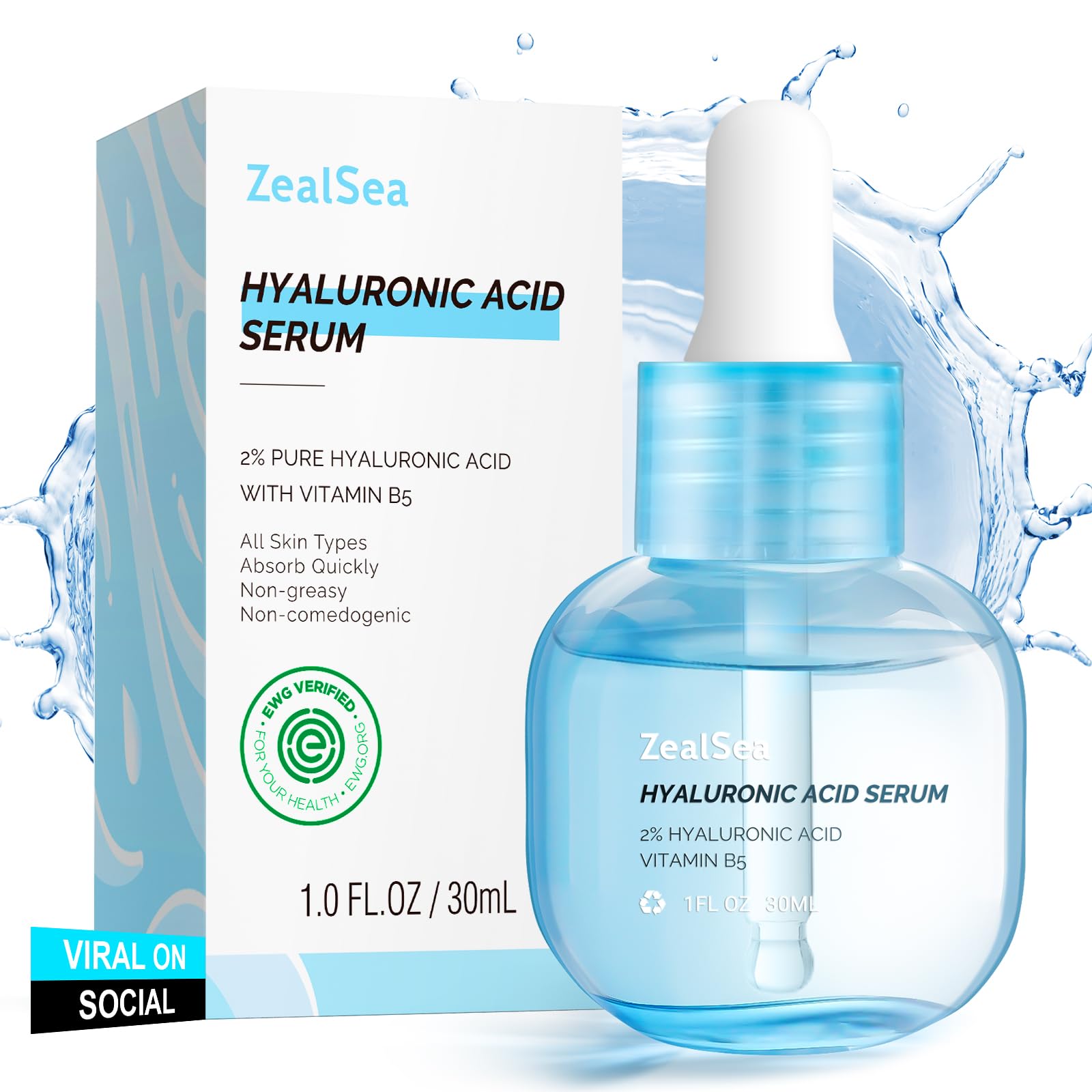 Zealsea Hyaluron Serum Gesicht mit Vitamin B5 - Skincare Anti Aging & Anti Falten - Feuchtigkeitsspendendes Aufpolsterndes Hyaluronsäure Serum - Hypoallergen für alle Hauttypen