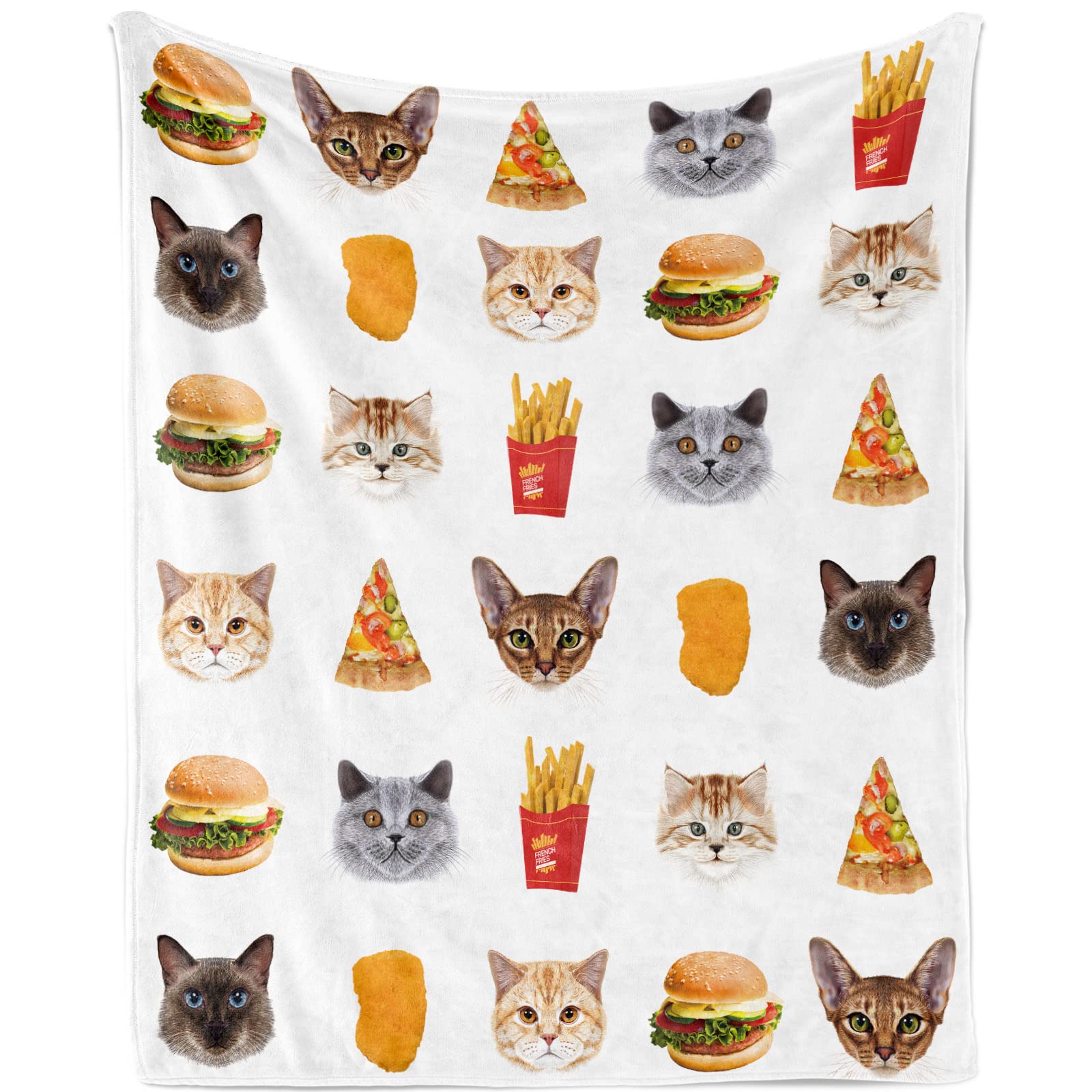 TUTUXMA Cat Throw Blanket for Boys Girls, Soft Print Flannel Fleece Plush Blankets Lovers Gift, Fuzzy Cozy Warm Cute with Cats Hamburgers Pizza Pattern On It Sofa Couch Bed, 130x150cm