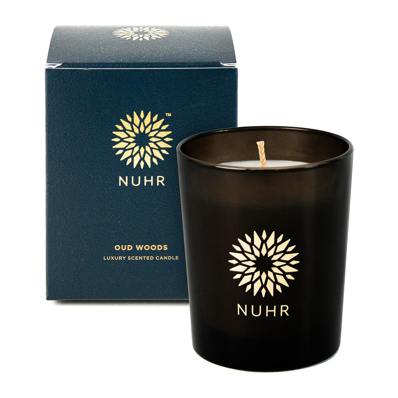 NUHR Home Scented Candles Oud Woods Luxury Candle Gifts, Rich Scent Aromatherapy Pamper Gifts for Women, Men Decorative Candles, 50 Hours Burn, Handmade, Vegetable Wax, 200gm