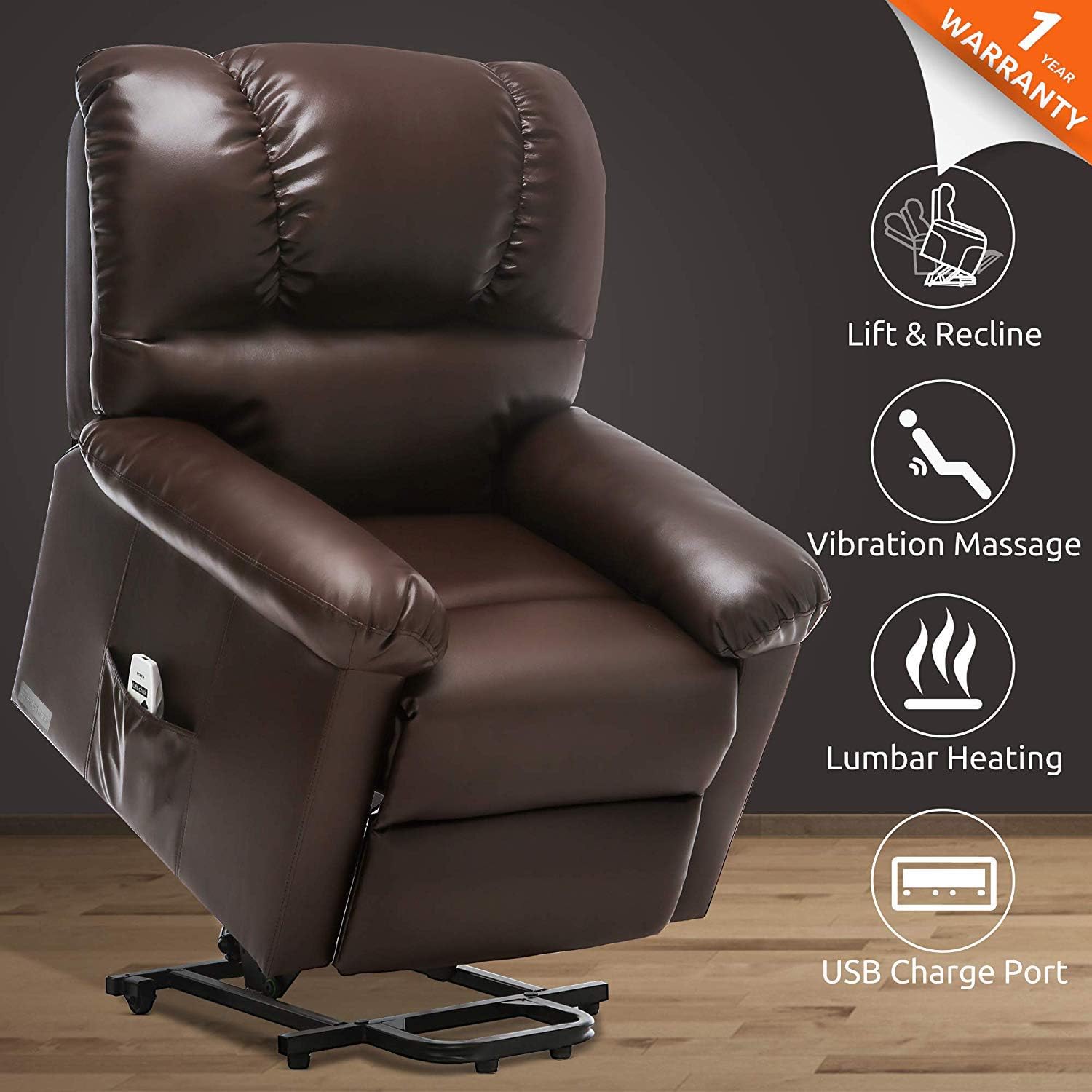 Power Lift Recliner for Elderly Heavy Duty Lift Chairs with Heat and Massage Infinite Position Power Lift Chair with USB Port & Side Pocket (Brown)