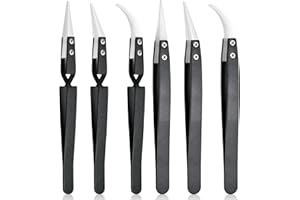 Aemygo 6 Pcs Precision Reverse Ceramic Tweezers Set, Non-Conductive Heat-resistant Electronics Soldering Tweezers Anti-Magnetic Pointed & Curved Tips Tweezers for Solder, Pinching Coils (Black)