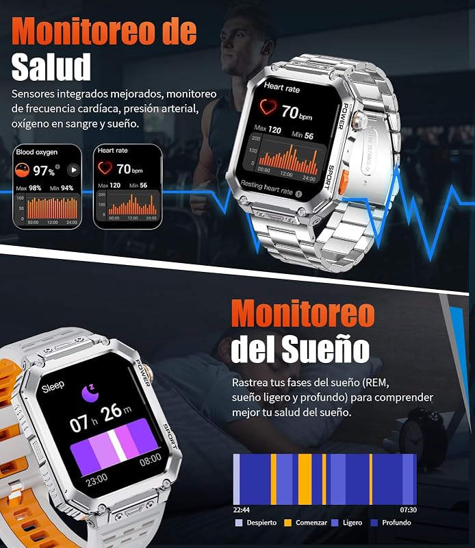 Reloj Inteligente Hombre con Gran Pantalla HD de 2,01" y 2 Correas, Llamadas Bluetooth, Frecuencia Cardíaca 24H, 120+ Modos Deportivos, IP68, Compatible con Android e iOS, EF2-M — foto 5 de 7
