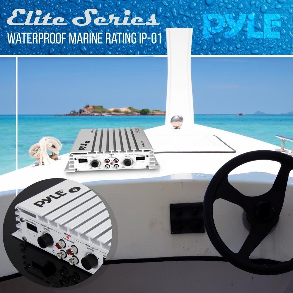 Pyle Hydra Marine Amplifier Upgraded Elite Series 400 Watt 4 Channel Audio Amplifier Waterproof, Dual Mosfet Power Supply, Gain Level Controls, RCA Stereo Input & LED Indicator (PLMRA400),BLACK: Car Electronics