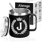Aletege Personalized Mugs for Men, Letter J Insulated Coffee Mug with Lid and Handle, Letter J Gift Coffee Mugs for Men, Best Friend, Brother, Dad, Boyfriend, Grandpa, Grandfather, Husband 12OZ Black
