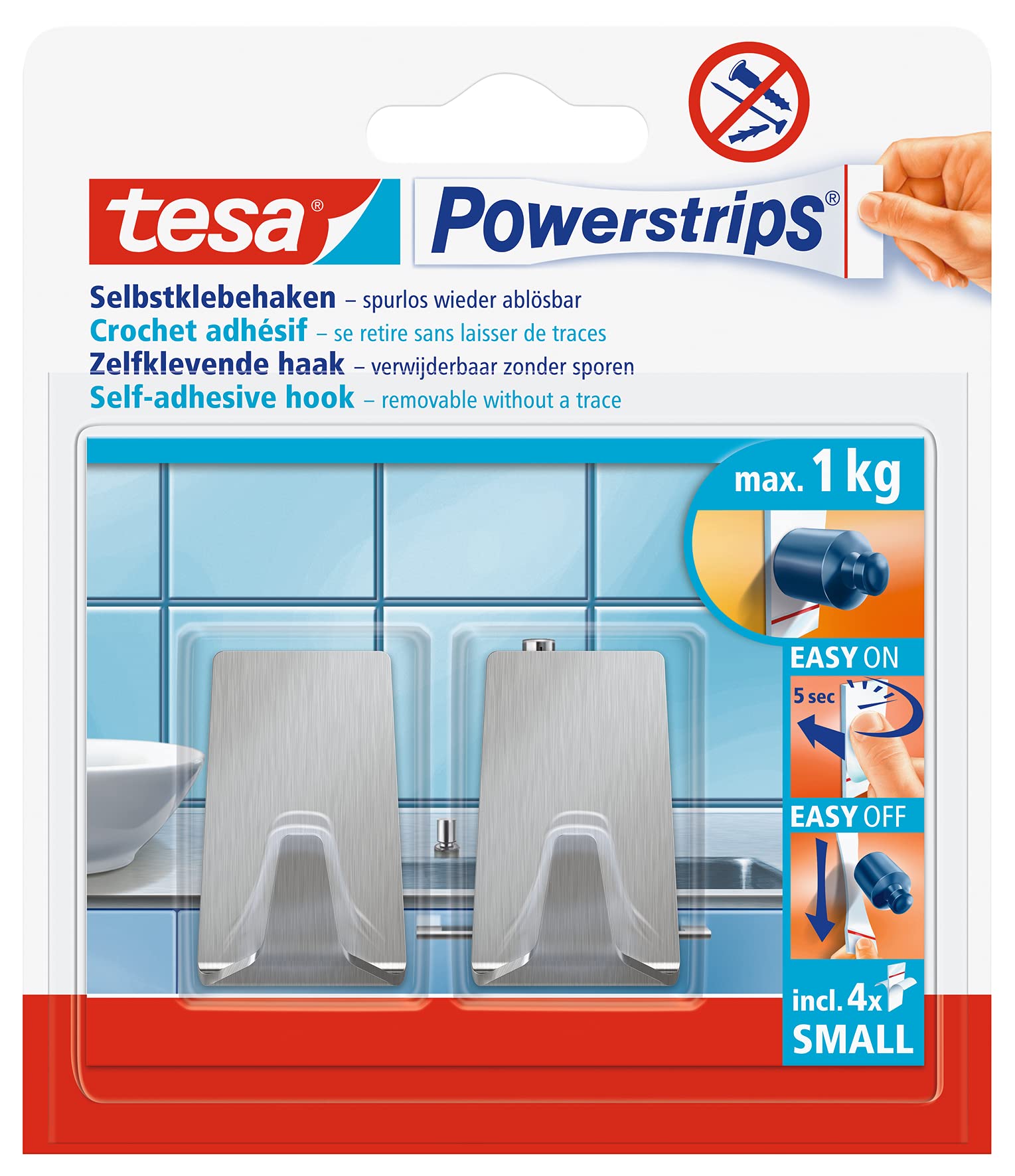 tesa Powerstrips Hook - Self-Adhesive Wall Hook for Glass, Tiles, Wood, Plastic and Other Surfaces - Metal Round Hook - Powerstrips Technology - Small - Rectangular