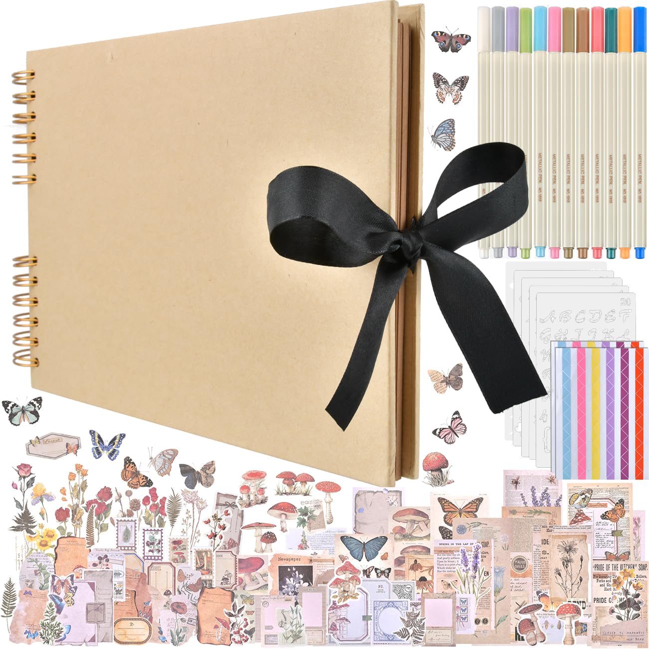 EMNIMQ 200pcs Large Scrapbook Kit A4 DIY Photo Albums Scrapbook 80 Pages,with 174 pcs Vintage Scrapbook Accessories Paper 12 Metallic Marker Pens 6 Sheets Stickers,120 Photo Corners & 5 Stencils