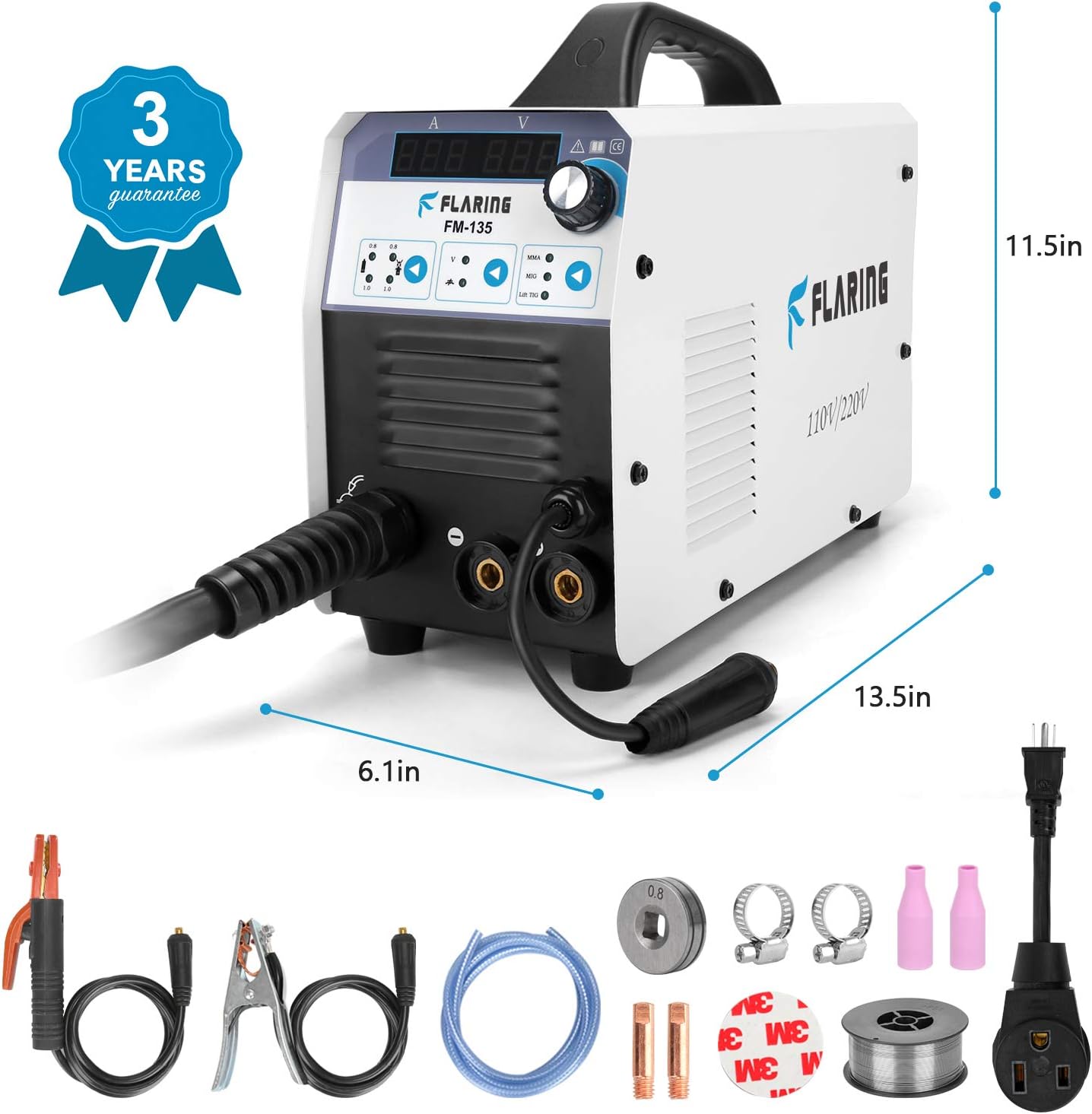 Mig Welder Machine IGBT Flux Core Stick ARC/MMA/LIFT TIG/MIG Welding Machine Inverter AC to DC 110/220V Gas/Gasless Digital Display for Beginner - - 