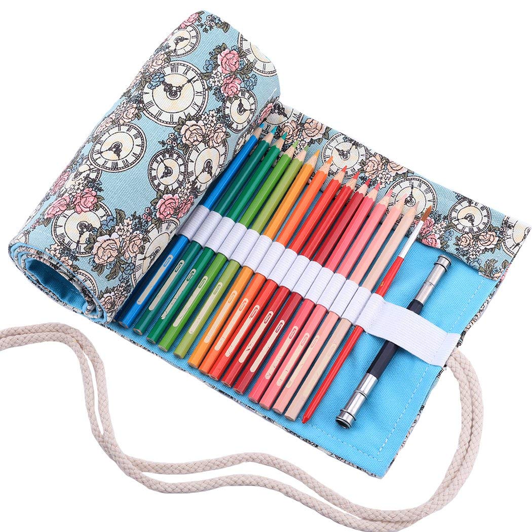Amoyie Roll Up Pencil Case for 72 Coloured Pencils, Colouring Pens Organiser Bag, Artist Wrap, Canvas Holder, Clock Flower Blue