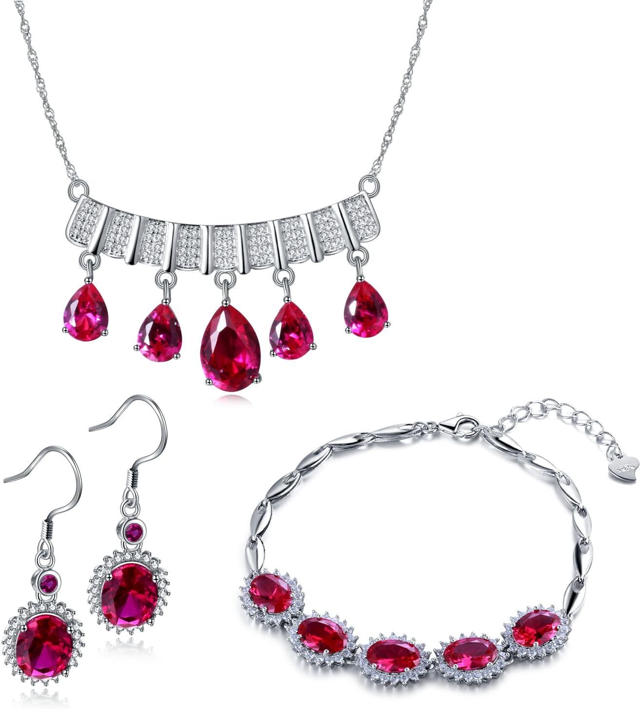 Women 925 Sterling Silver Ruby Jewelry Set 3Pcs Dark Red Gemstone Fishhook Dangle Earring + Chain Bracelet + Pendant Necklace Vintage Gift Set