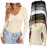 Oakgarden 8 Pack Women's Long Sleeve Shirts Bulk Deep V Neck Slim Fit Tops Casual Knit Basic Fall Tees Multipack