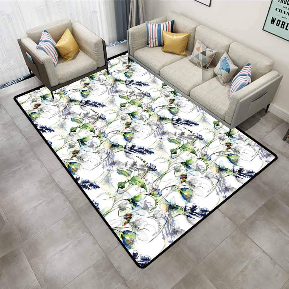 Bedroom Rug Flower Floral Pattern with Sweet Pea Blossoms in Watercolor Paint Effect Spring Theme Green White Blue Living Room Carpet 5'x7'