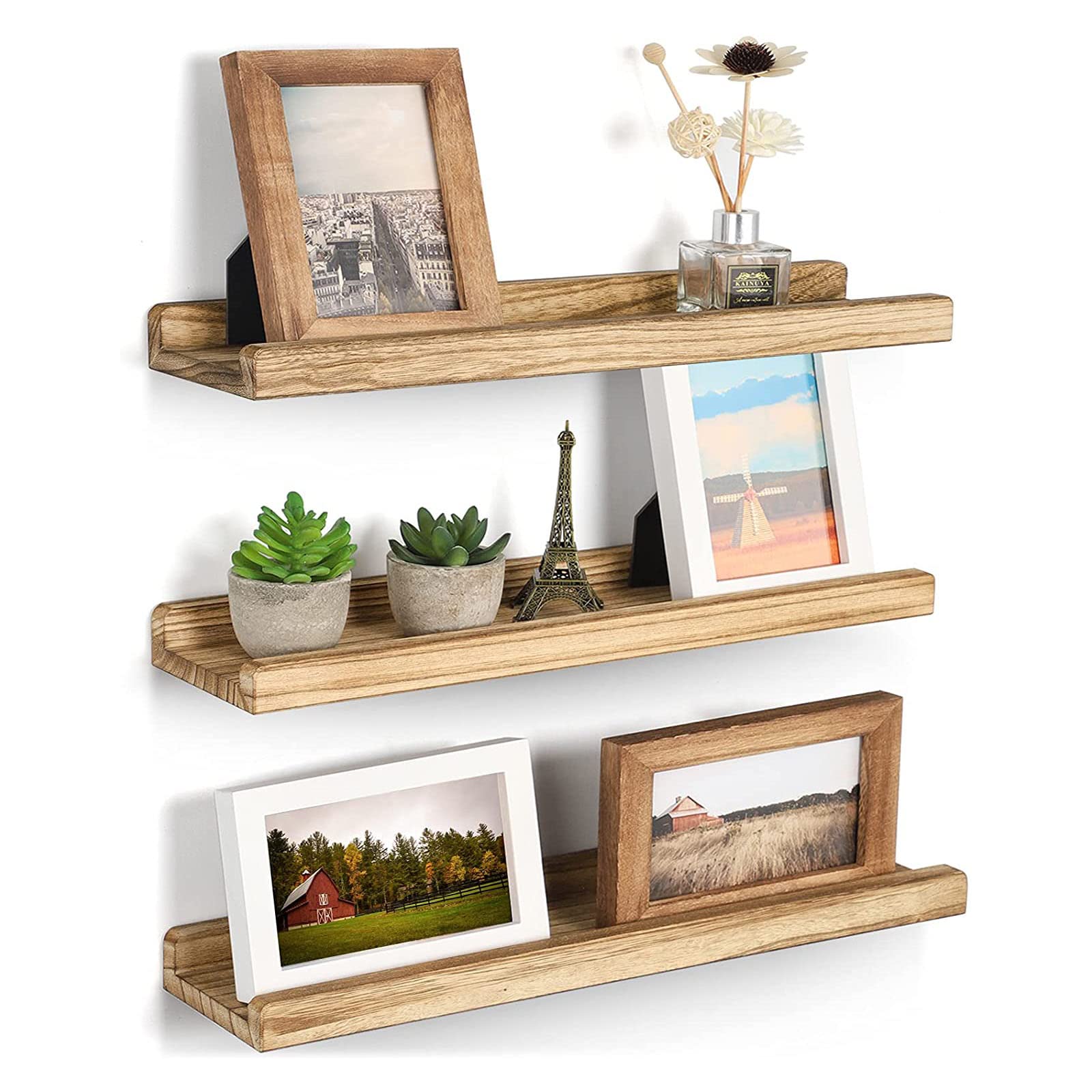 Emfogoo Floating Shelves with Ledge 43 cm Wood Picture Shelf Rustic Wall Shelves Set of 3 for Bathroom, Bedroom, Kitchen, Living Room, Nursery Storage and Display(Rustic Brown)