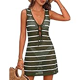 MEROKEETY Women's Crochet Swimsuit Coverup 2026 Summer Tie Front Bathing Suit Swimwear Knit Hollow Out Beach Cover Up