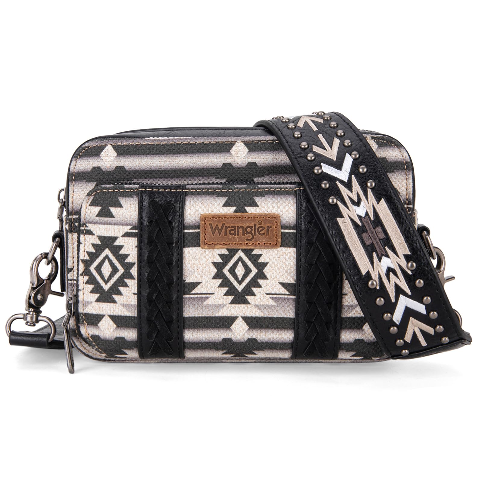 Wrangler Crossbody Bag for Women Boho Aztec Small Western Shoulder Bag with Wide Guitar Strap Gift Black WG2207-3005BK Image