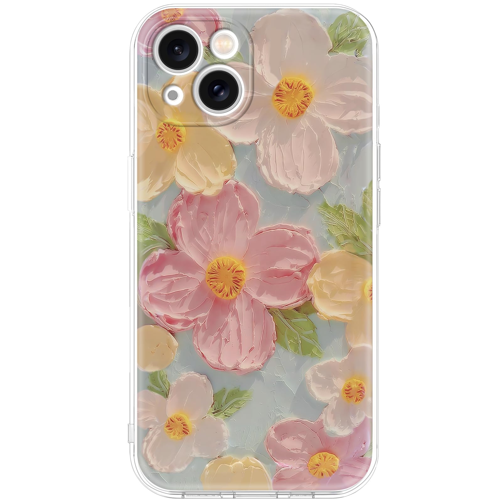 Mouzor Cute Case Compatible with iPhone 15, Colorful Retro Oil Painting Printed Flowers Case, Aesthetic Floral Pattern Soft TPU Shockproof Cover for Girls Women