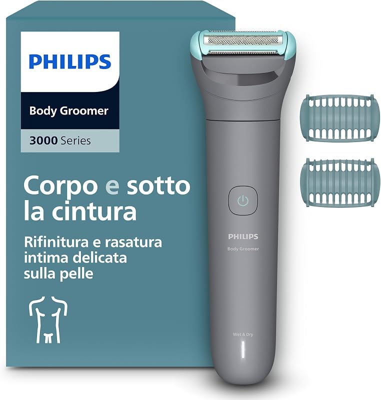 Bodygroom series 3000 - Rifinitore per uomo tripla protezione, Rifinitura e rasatura intima, Preciso e confortevole sulla pelle, Impermeabile al 100%, 80 minuti di autonomia, Modello BG3480/15