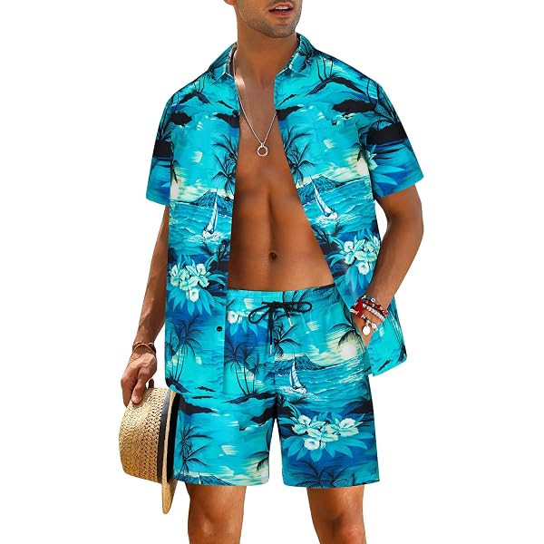 EUOW Men's Hawaiian Shirts And Shorts Set 2 Pieces Button Down Short