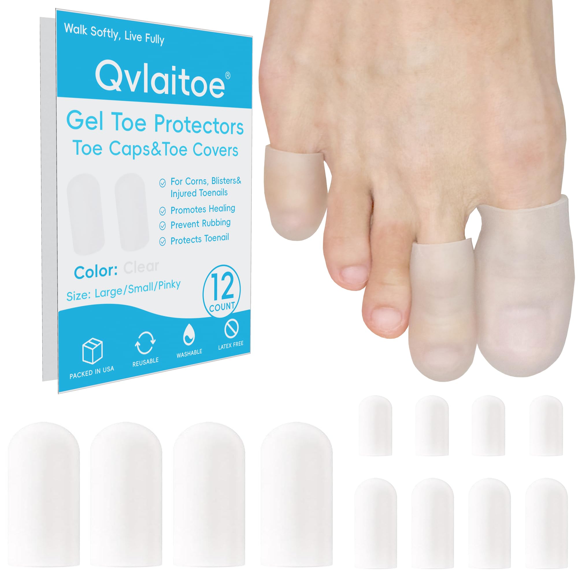 Photo 1 of Qvlaitoe Gel Toe Protectors - Toe Caps for Women - Covers to Provide Relief from Missing or Ingrown Toenails, Corns, Blisters, Hammer Toes (Clear, 12 Pack, Multi-Size)