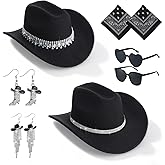 Zhamate 8 Pcs Rhinestone Cowgirl Hat Cowboy Hat Set with Bandanas Earrings Heart-Shaped Sunglasses for Women Western Outfit Black