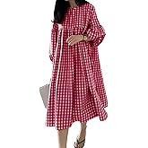 chouyatou Women's Loose Fit Retro Plaid Dress Lantern Puff Sleeve Gingham Swing Midi Long Tunic Shift Dress