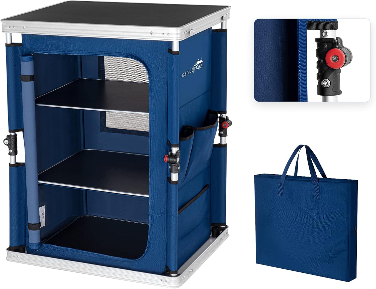 Eagle Peak Outdoor Camping Pop Up Folding Table with Large 3-Tier Storage Organizer and Side Pockets, Easy Set Up Portable Lightweight Aluminum Camping Kitchen, Blue: Kitchen & Dining