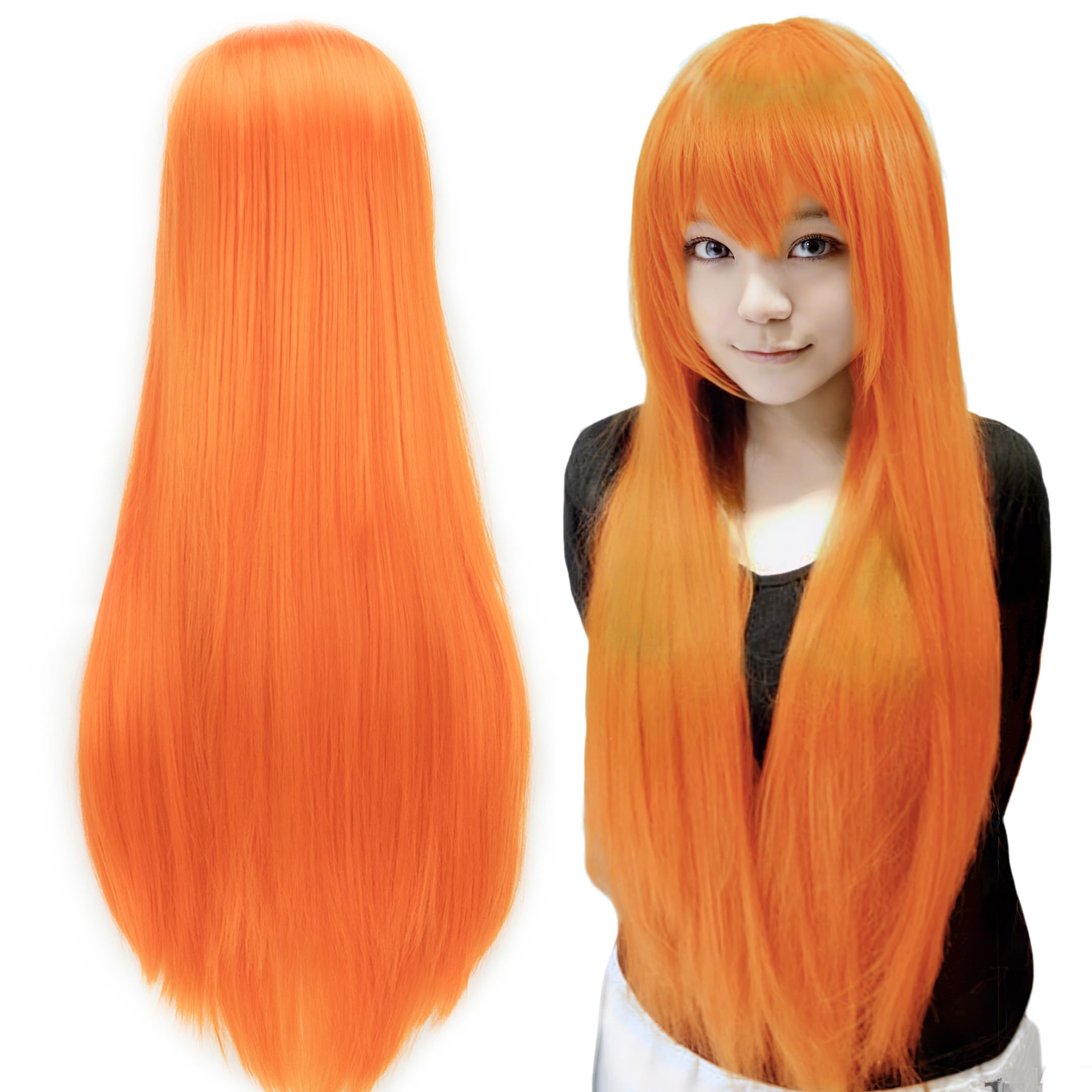 IMISSU 80cm Long Straight Natural Hair Cosplay Wigs with Bangs Colorful Halloween Costume Party Wig for Women (Fluorescent Orange)