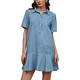 YEXPINE Women's Button Down Denim Dresses Short Sleeve Ruffle Tunic Mini Dress Flowy Tiered Short Jean Dresses with Pockets