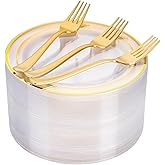 I00000 72 Pcs Clear Plastic Dessert Plates 7.5" & 72 Pcs Gold Disposable Forks 7.4", Clear Small Plates,Nice Dessert Plates,Fancy Salad Plate,Gold Cake Plate for Party, Occasions, Wedding
