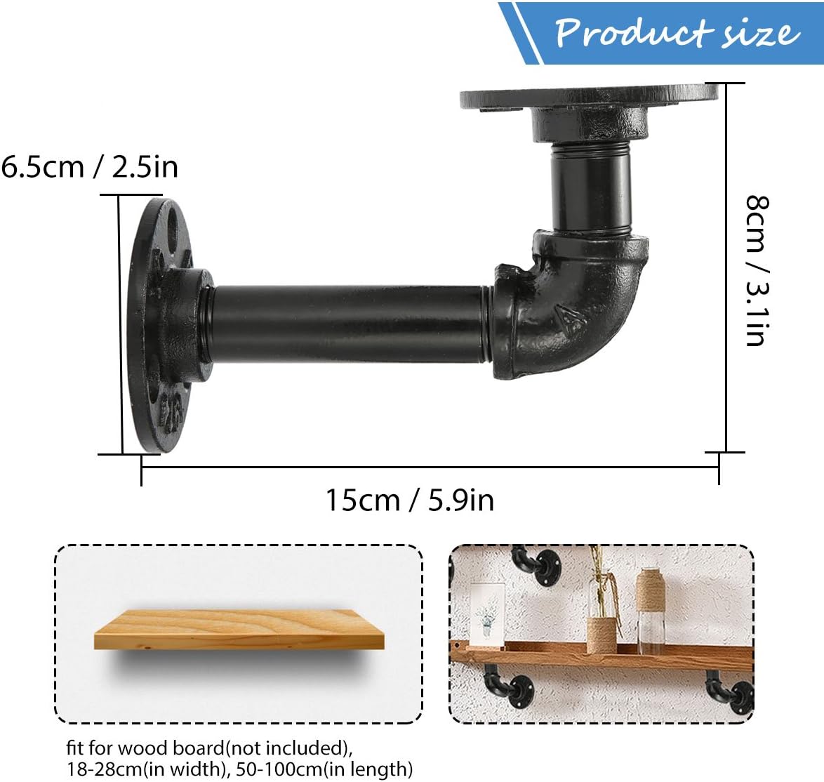 king do way Industrial Black Iron Pipe Bracket Wall Mounted Floating Shelf Hanging Wall Hardware Decor for Farmhouse Shelving Hardware Heavy Duty (2pcs): Home Improvement