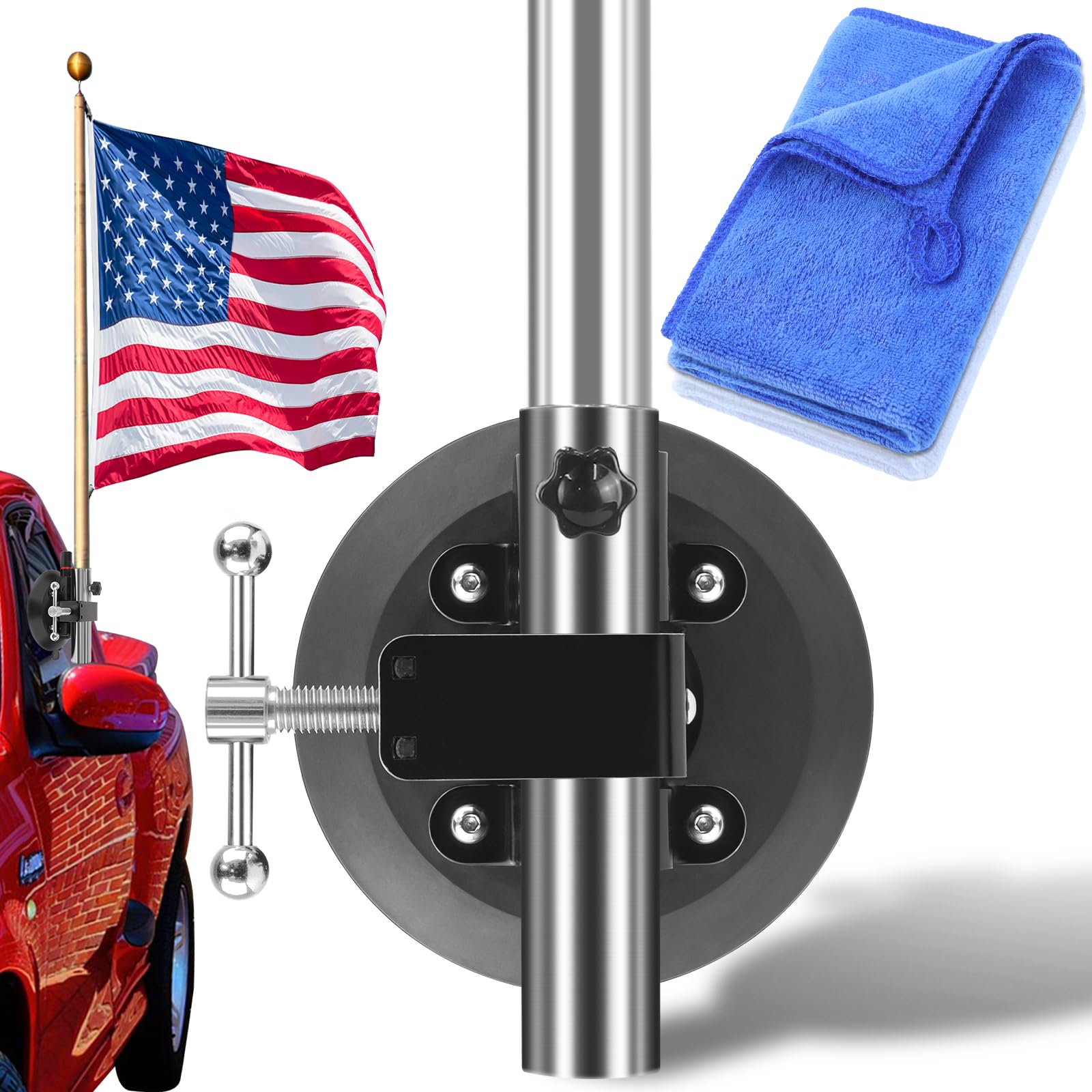 Photo 1 of HLOGREE Car Flag Suction Cup Mount,RV Suction Cup Flag Mount with a Towel,Flag Holder for a Car,Suction Cup Flag Pole Mount,Suction Cup Flag Holder for RV,SUV Flag Pole Suction Cup - WLL of 260LBS