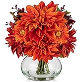 Briful Faux Fall Flowers in Vase, Artificial Dahlia & Mum Silk Floral Arrangement with Clear Glass Vase Fake Autumn Flowers Bouquet for Home Office Dining Room Table Centerpiece Decoration