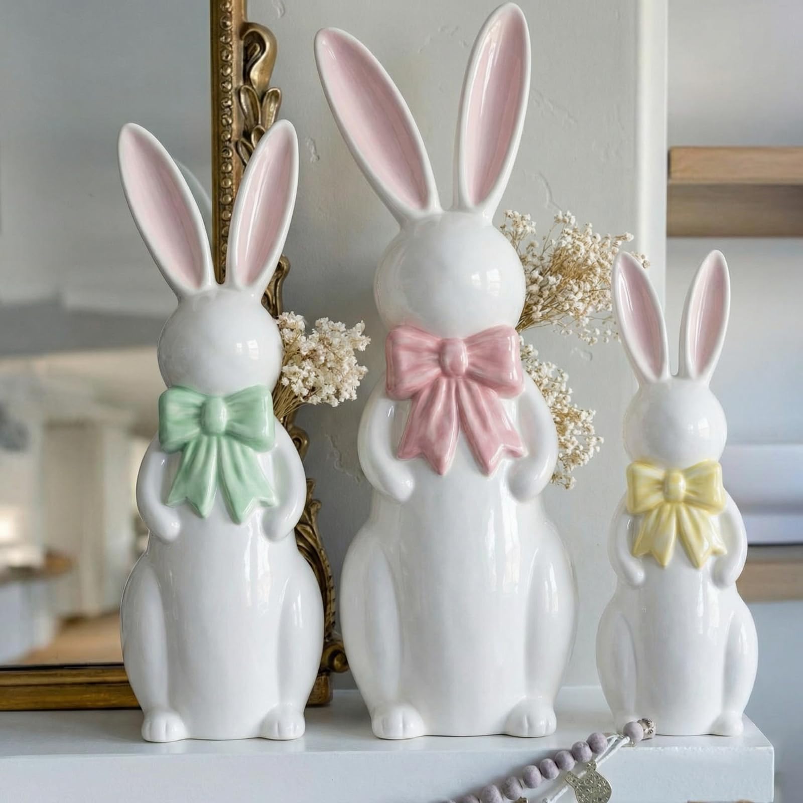 Photo 1 of ***MISSING ONE** RattanView Easter Decorations 3 Pcs Ceramic Easter Bunny Statues Spring Table Centerpieces Cute Pastel Rabbit Kit Ceramic Home Decor Spring Bunny Figurines Set for Home Party Decorations(Quiet)