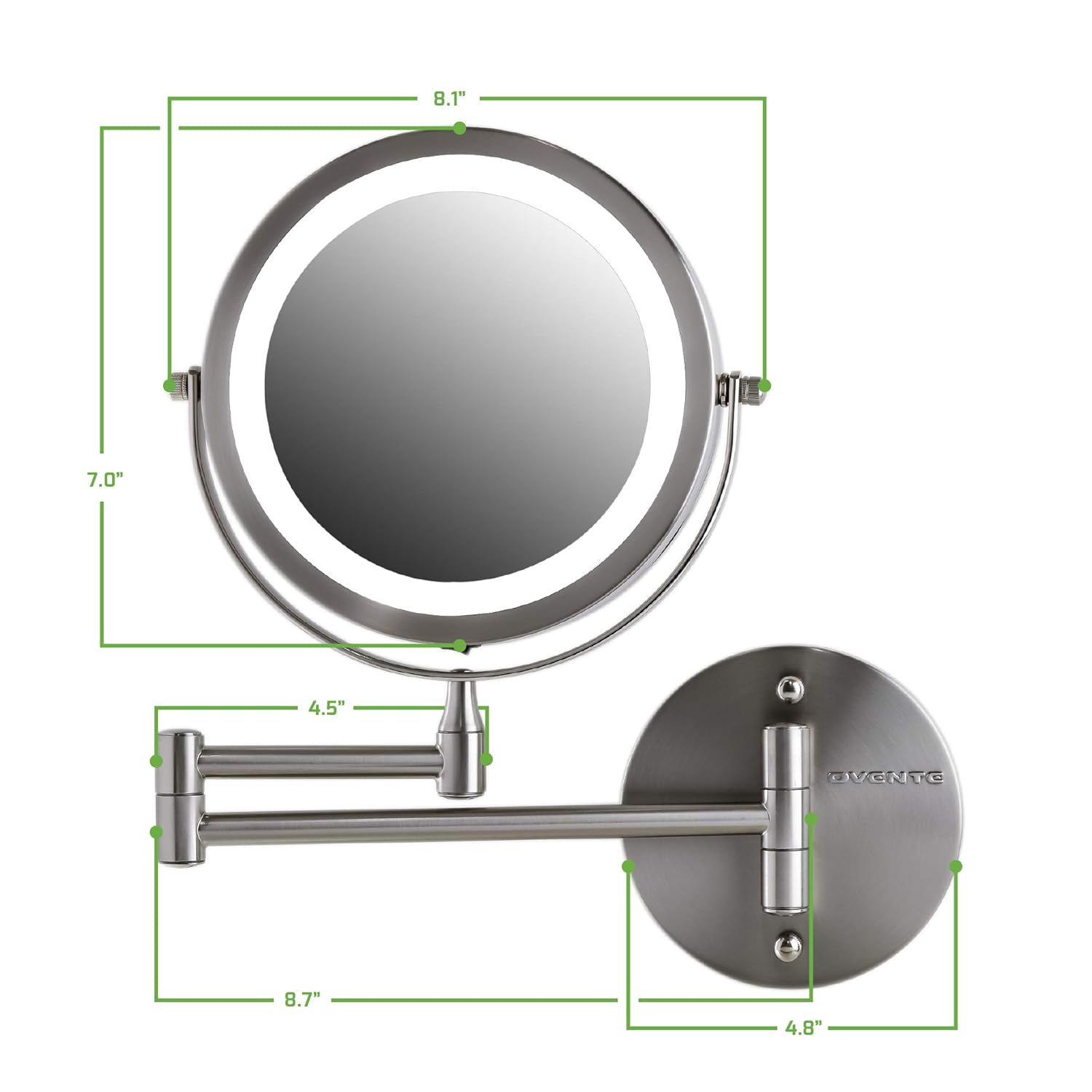 OVENTE Wall Mounted Double Sided 180 extendable arm Vanity Makeup Mirror 7 Inch 1X with Full View 7X Magnification and LED Light, 360 Rotation, 4 AAA Battery Operated Nickel Brushed MFW70BR1X7X : Beauty