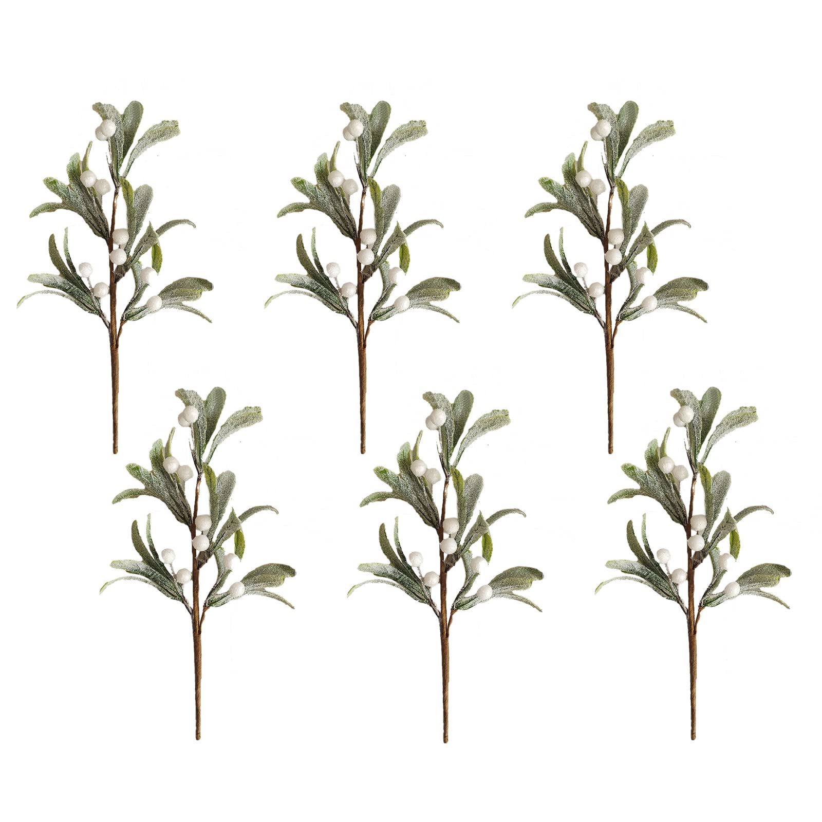 Fofetbfo 6 PCS Mistletoe Christmas Decor Picks 25 cm Artificial Mistletoe Floral Stems with White Berries, Snow Frosted Christmas Branches Greenery Picks for Xmas Tree Crafts Wreath Decor