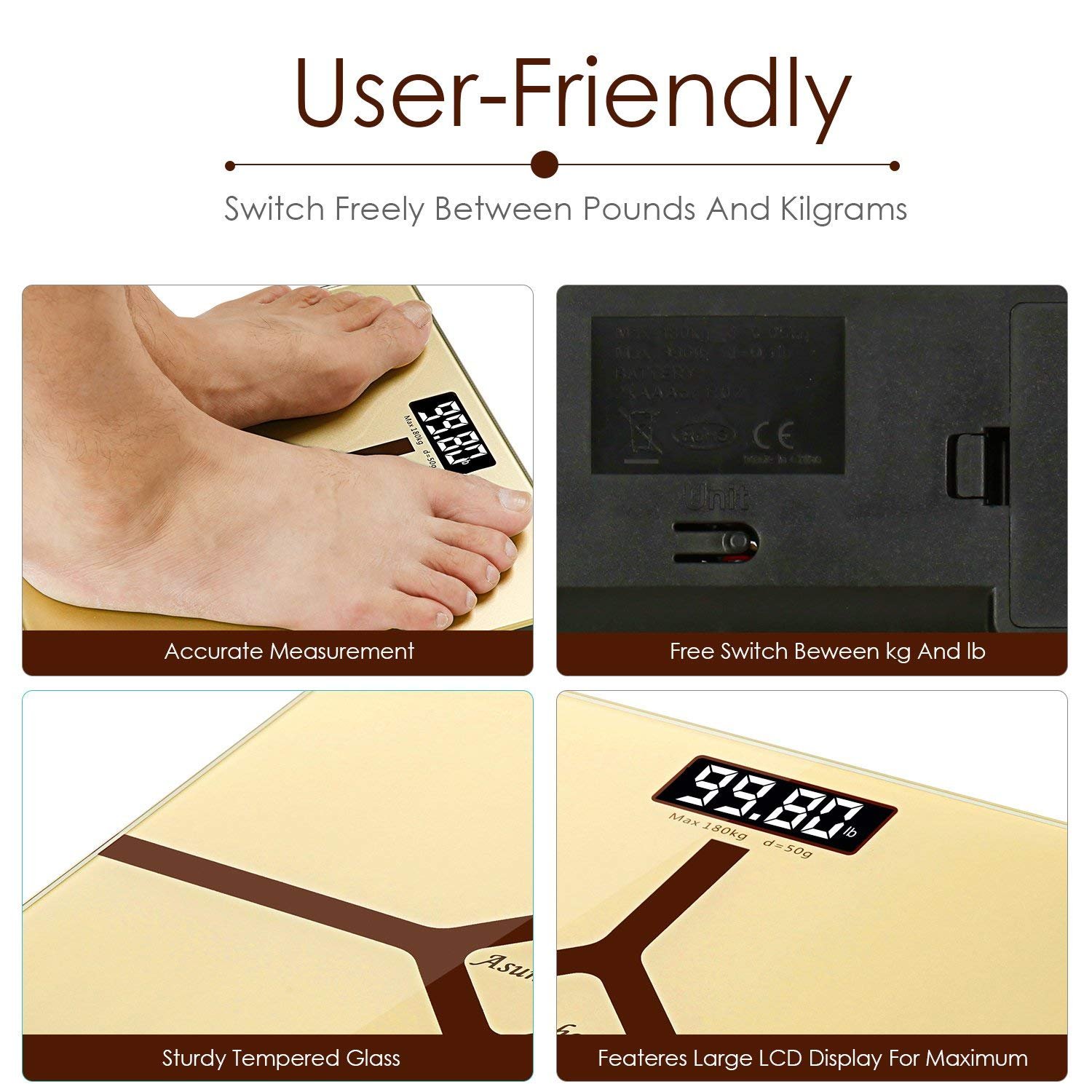 Digital Bathroom Scale with Step-On Function - Batteries Included, 400 pounds- Elegant Gold