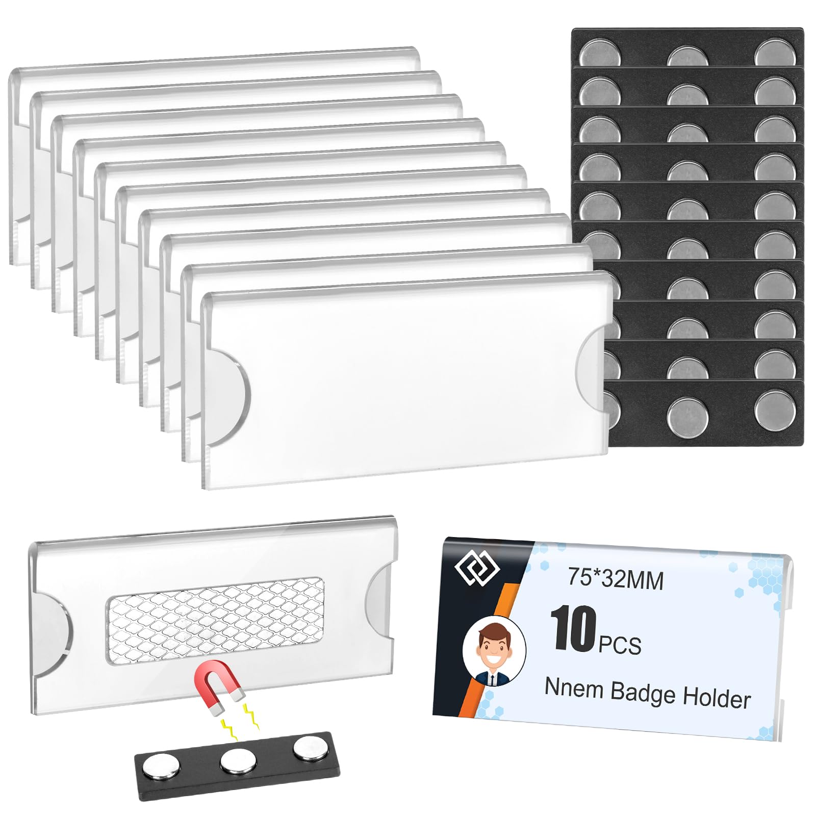OFFCUP Magnetic Name Badge, 10pcs 45x12mm Name Tags with 10pcs 75x32mm Display Board, Badge Holder with 3 Strong Neodymium Magnets, Names Plate for Clothes School Office Conference (Black)