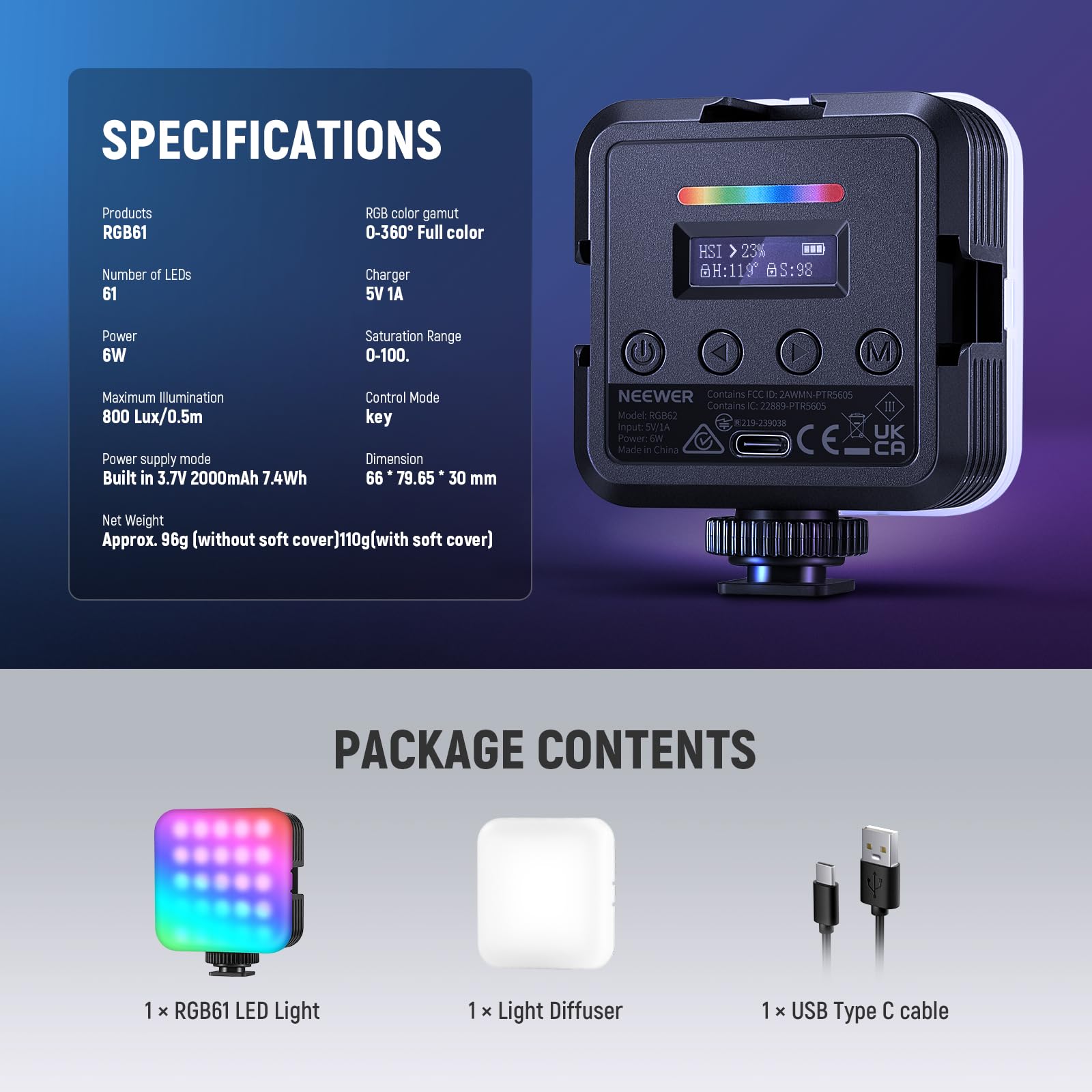 NEEWER Magnetic RGB Camera Light, 360° Full Color RGB61 Small LED Panel Video Light with 3 Cold Shoe Mounts/CRI 97+/20 Scene Modes/2500K-8500K/2000mAh Portable Recording Photography Selfie Lighting