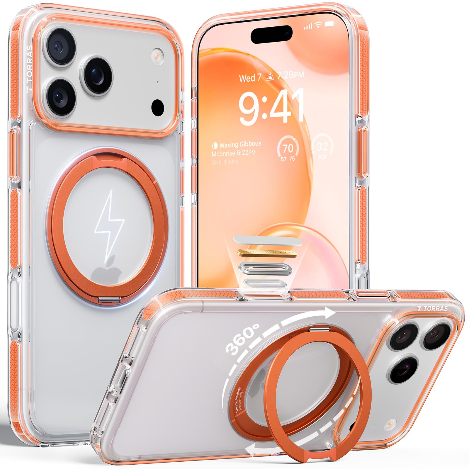 Photo 1 of TORRAS 360 Magnetic Stand for iPhone 17 Pro Max Case, [Fit for MagSafe] [Military-Grade Protection] Slim Case for iPhone 17 Pro Max 6.9" 2025, Clear-Orange, Ostand O3 Fitness Series