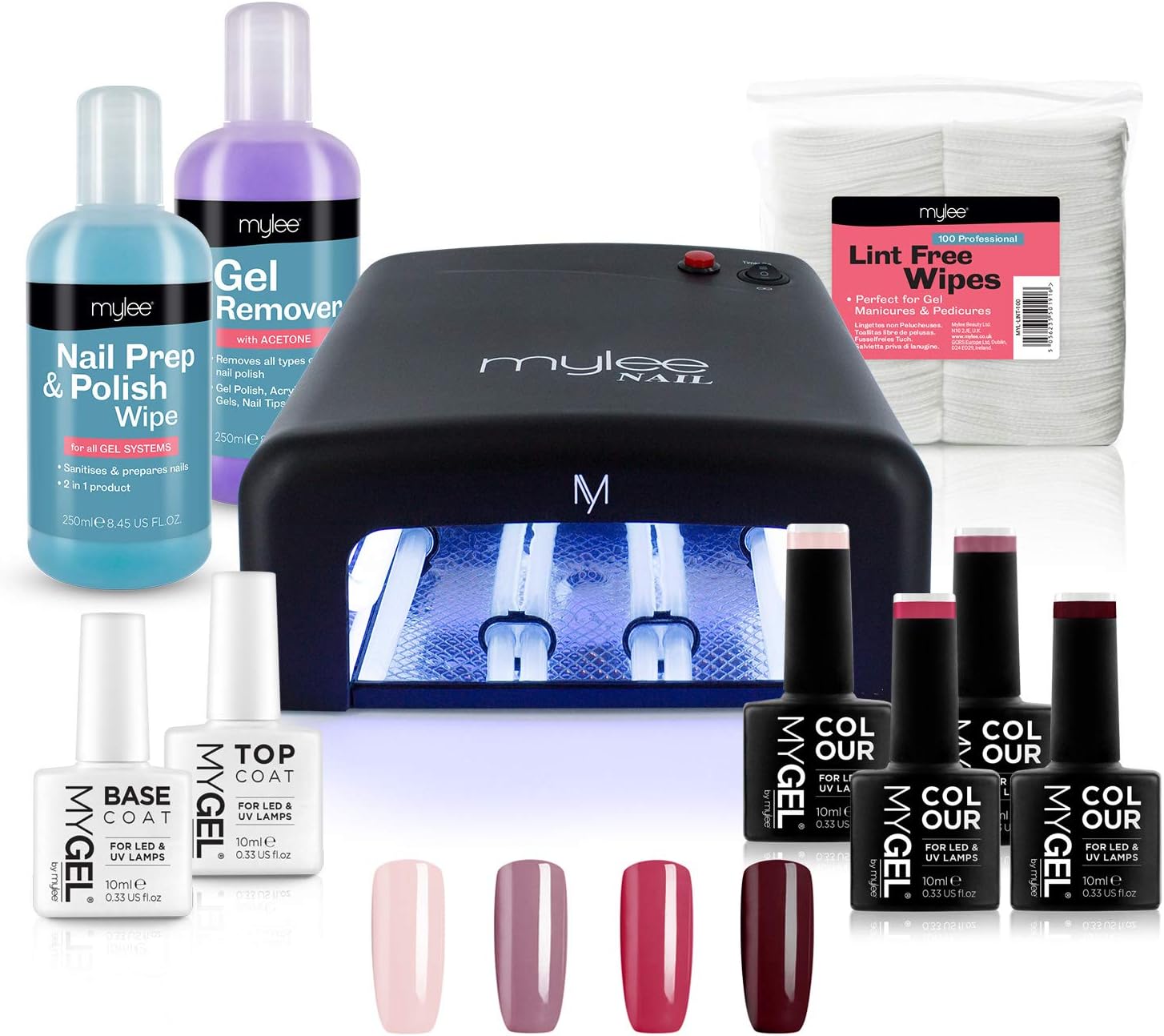 Nail Gel Polish Starter Kit, 4 MyGel Colours, UV Black Lamp, Top & Base