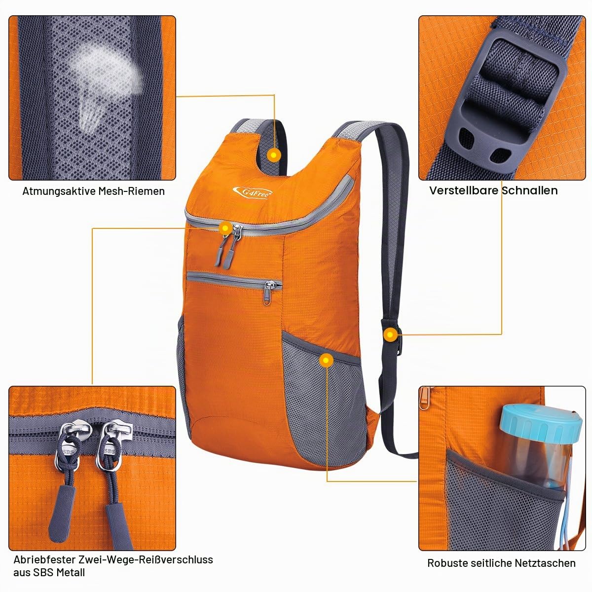 G4Free Faltbarer Rucksack Leichter Tagesrucksack Klein 200g Unisex Packbarer Reiserucksack Wanderrucksack für Wandern Fahrrad 4