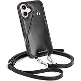 LUCKYCOIN Leather Wallet Phone Case Compatible with iPhone 16,Crossbody Lanyards Wallet Phone Case for Women,Purse Flip Card Pouch Cover Case with Pouch Clip Card Holder Adjustable Wrist Strap Black