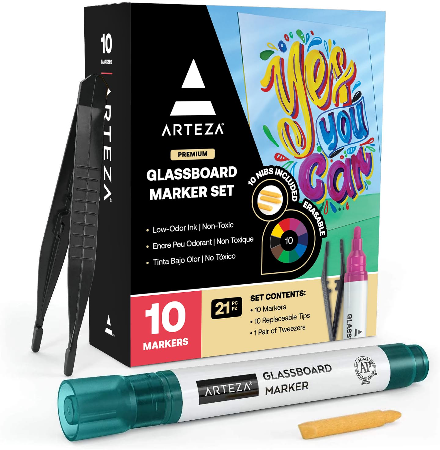 ARTEZA Whiteboard Pens, 10 Bright Neon Colours, Erasable Glass Pens, Low Odor Glass Board Markers for Mirrors, Windows, and Non-Porous Surfaces Like Dry Erase Boards