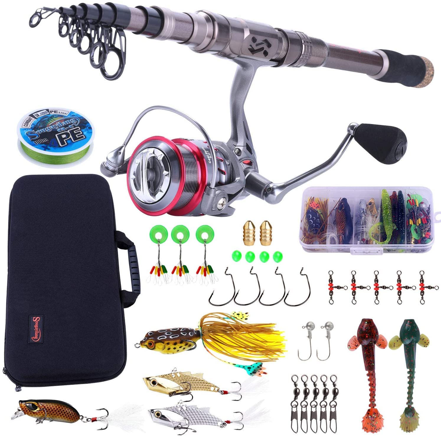 Sougayilang Fishing Rod and Reel Combos - Carbon Fiber Telescopic Fishing Pole - Spinning Reel 12 +1 BB with Carrying Case for Saltwater and Freshwater Fishing Gear Kit-S2.1+30