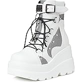 Tscoyuki Platform Ankle Boots for Women Chunky High Heel Booties Goth Round Toe Combat Boots Women Lace Up Motorcycle Wedges