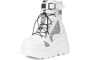 Tscoyuki Platform Ankle Boots for Women Chunky High Heel Booties Goth Round Toe Combat Boots Women Lace Up Motorcycle Wedges