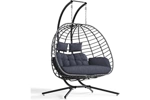 SWITTE Double Egg Swing Chair with Stand, Outdoor Patio 2 Person Hanging Wicker Hammock Chairs with Cushion for Indoor Bedroom, Lawn, Garden-Dark Grey