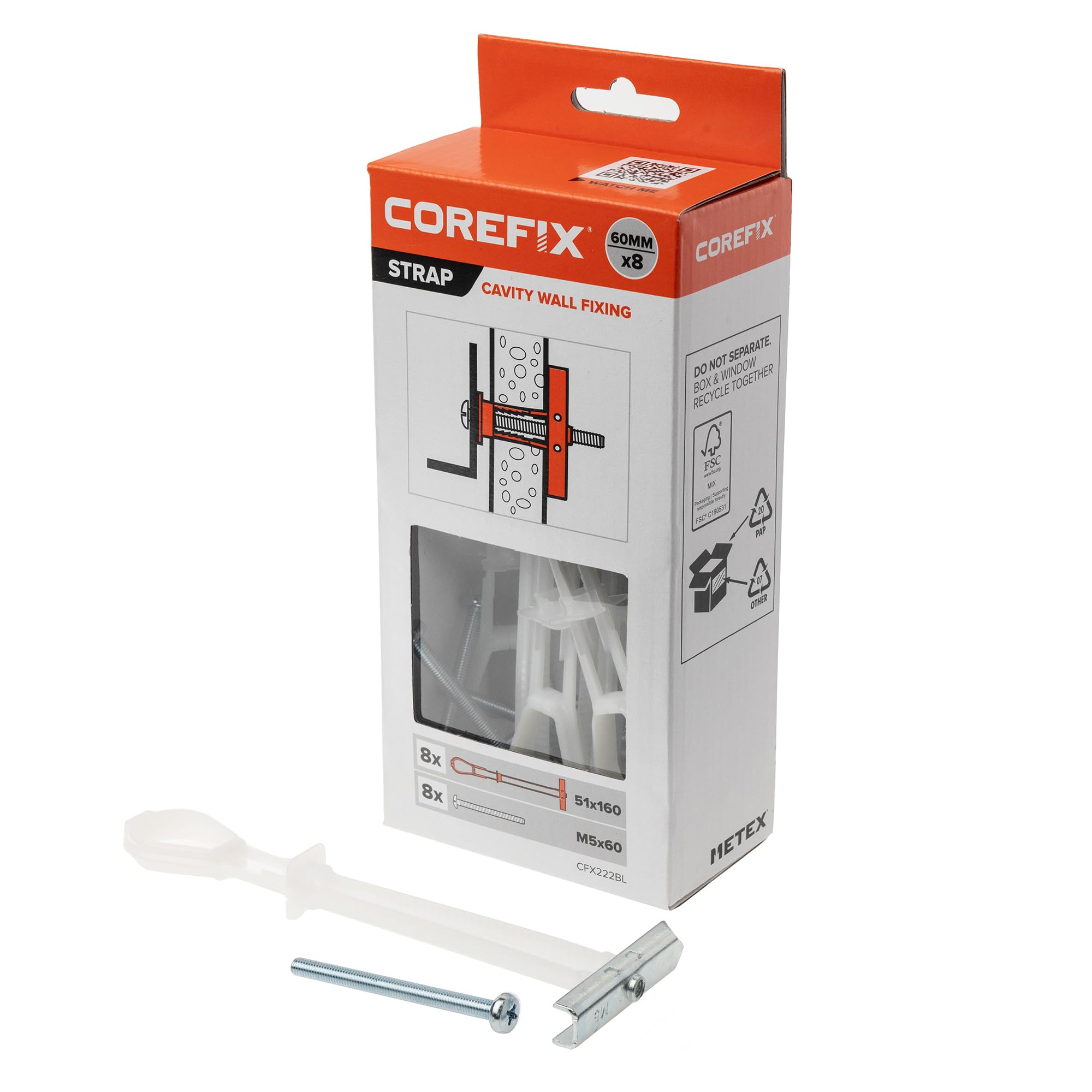 Corefix Strap Cavity Wall Fixing 8 Pack (M5x60mm), Heavy Duty Metal Universal Toggle for Plasterboard, Hollow Brick or Block. Secure Hold, Easy to Install & Adjustable Up to 50mm Deep.