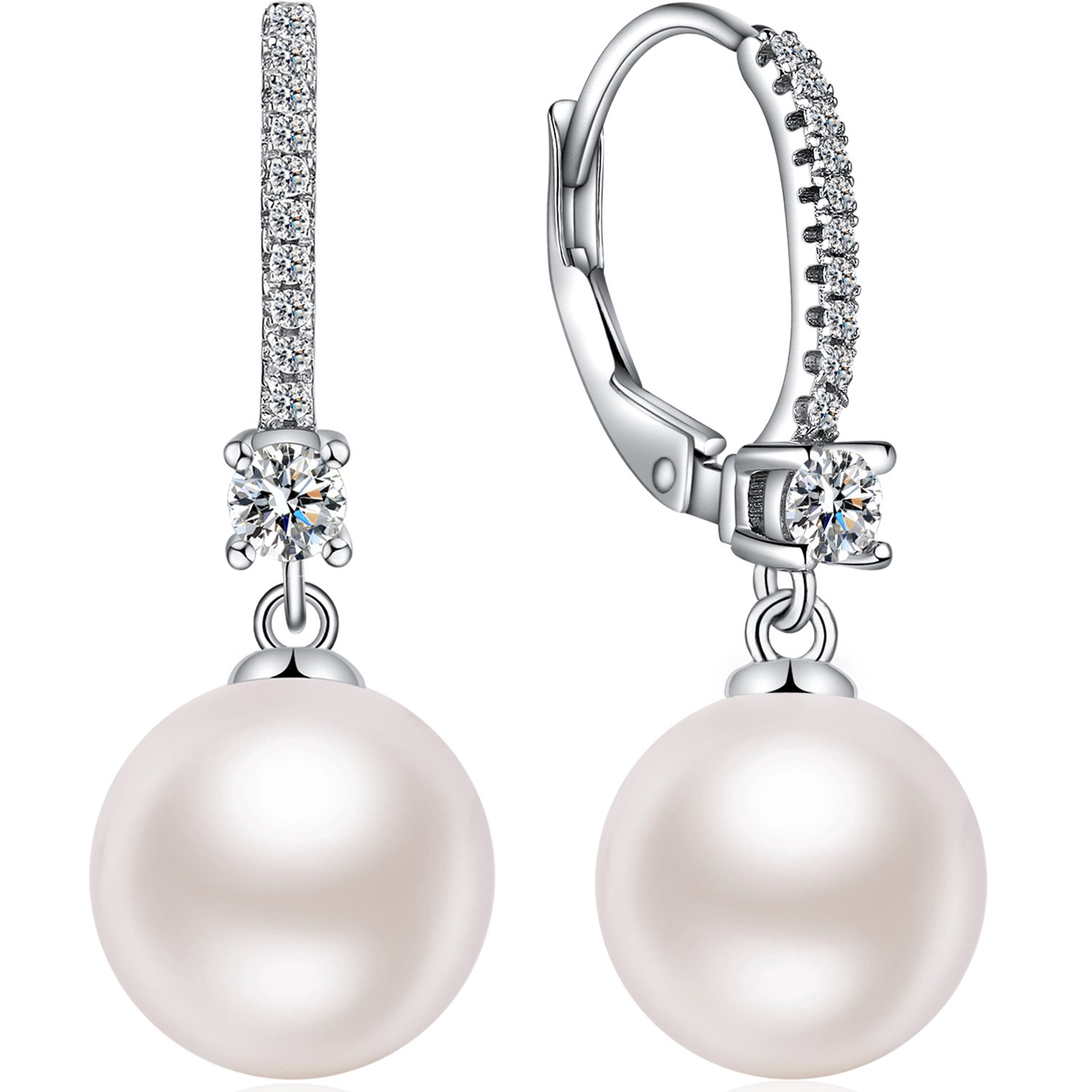 JiaYang White Gold Pearl Earrings for Women, 5A CZ Diamonds Sterling Silver Dangle Earrings with 10MM Pearls